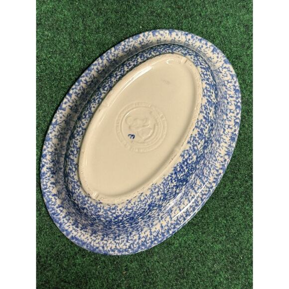 Gerald Henn Workshops Spongeware Oval Divided Dish BLUE Stoneware Roseville - Picture 5 of 8